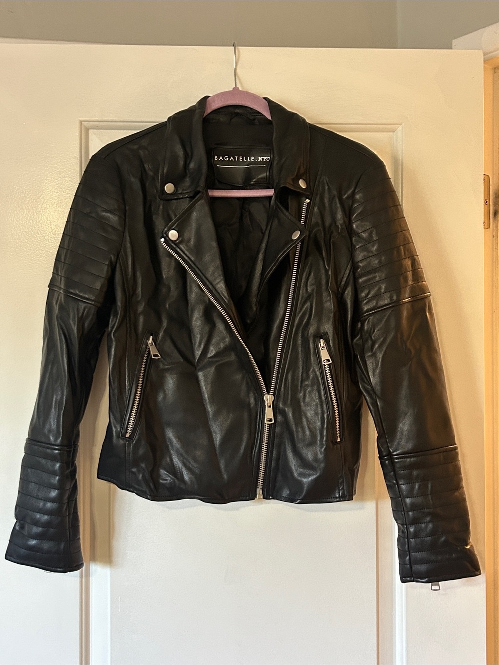 bagatelle Black Quilted Sleeve Leather Moto Jacket